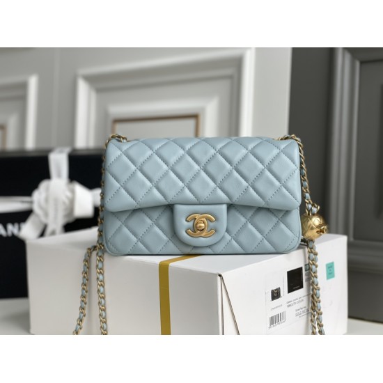 Chanel 22C Classic Flap bag Mini 20 Gold Ball Light Blue Gold Hardware Lambskin Hass Factory leather 13x20x7cm