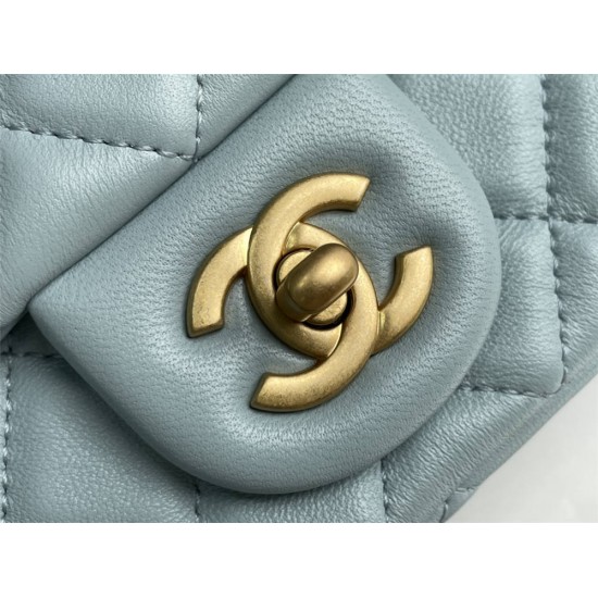 Chanel 22C Classic Flap bag Mini 20 Gold Ball Light Blue Gold Hardware Lambskin Hass Factory leather 13x20x7cm