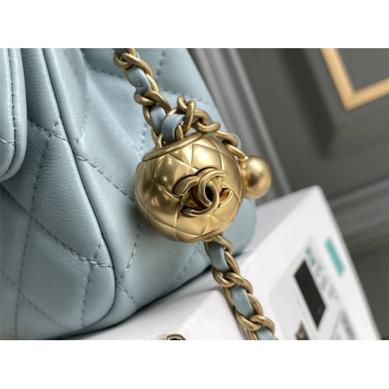 Chanel 22C Classic Flap bag Mini 20 Gold Ball Light Blue Gold Hardware Lambskin Hass Factory leather 13x20x7cm