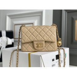 Chanel 22C Classic Flap bag Mini 18 Gold Ball Apricot Gold Hardware Lambskin Hass Factory leather 13x18x7cm