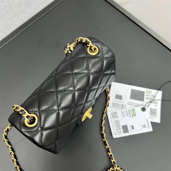 Chanel 22C Classic Flap bag Mini 18 Woven Gold Ball Black Gold Hardware Lambskin Hass Factory leather 13x18x7cm