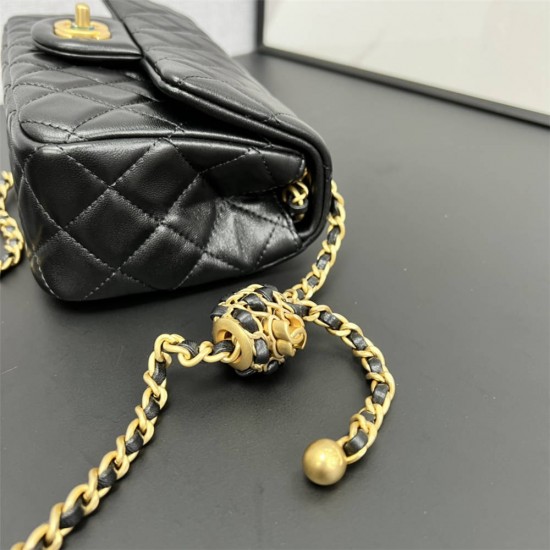 Chanel 22C Classic Flap bag Mini 20 Woven Gold Ball Black Gold Hardware Lambskin Hass Factory leather 13x20x7cm