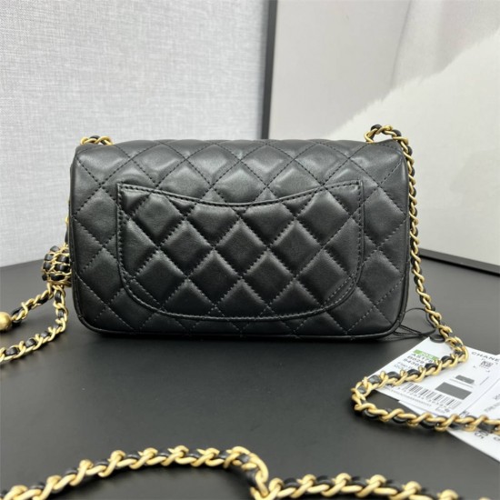 Chanel 22C Classic Flap bag Mini 20 Woven Gold Ball Black Gold Hardware Lambskin Hass Factory leather 13x20x7cm