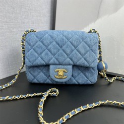 Chanel 22C Classic Flap bag Mini 18 Denim Blue Gold Ball Denim Blue Gold Hardware Lambskin Hass Factory leather 13x18x7cm