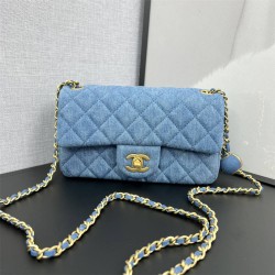 Chanel 22C Classic Flap bag Mini 20 Denim Blue Gold Ball Denim Blue Gold Hardware Lambskin Hass Factory leather 13x20x7cm