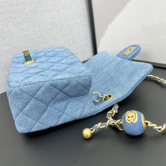 Chanel 22C Classic Flap bag Mini 20 Denim Blue Gold Ball Denim Blue Gold Hardware Lambskin Hass Factory leather 13x20x7cm