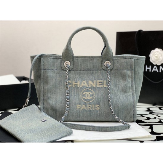 Chanel Beach Bag Light Blue Silver Hardware 38x32x18cm