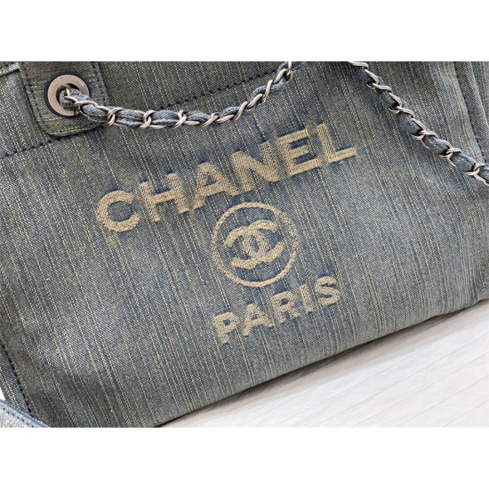 Chanel Beach Bag Light Blue Silver Hardware 38x32x18cm