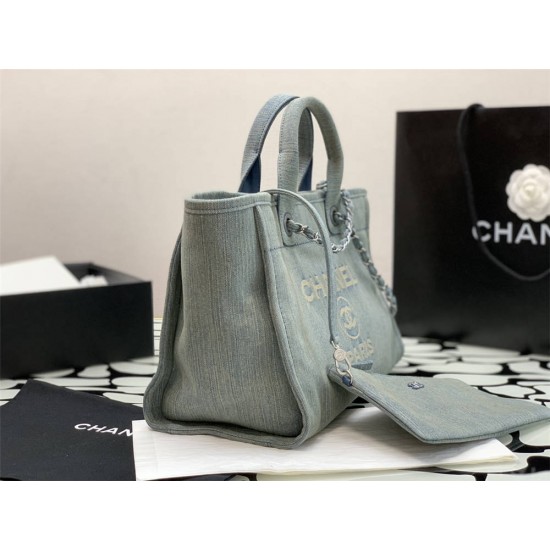 Chanel Beach Bag Light Blue Silver Hardware 38x32x18cm