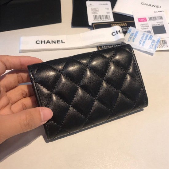 Chanel Classic Wallet Black Silver Hardware Lambskin Hass Factory leather 12x7cm