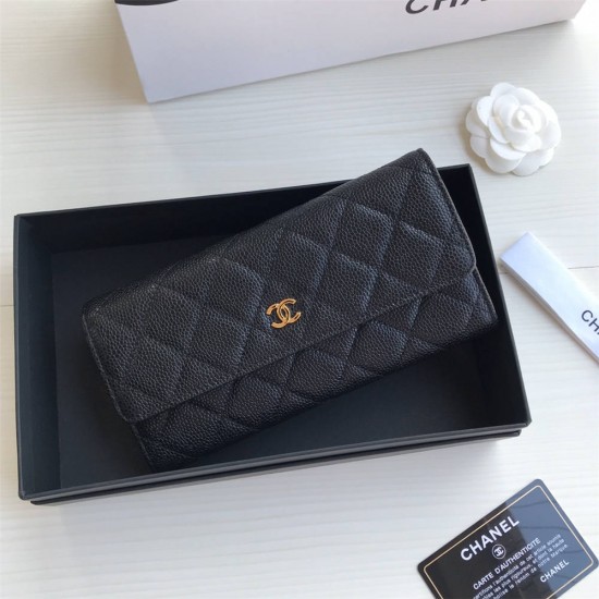 Chanel Classic Wallet Long Flat Cover 19cm Black Gold Hardware Caviar Leather Hass Factory leather 11x19x3cm