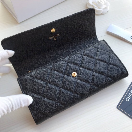 Chanel Classic Wallet Long Flat Cover 19cm Black Gold Hardware Caviar Leather Hass Factory leather 11x19x3cm