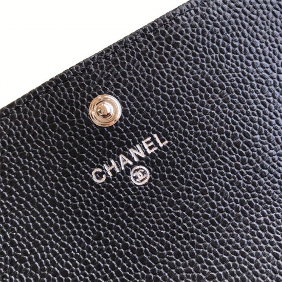 Chanel Classic Wallet Long Flat Cover 19cm Black Silver Hardware Caviar Leather Hass Factory leather 11x19x3cm