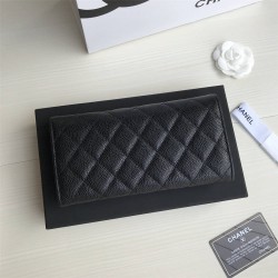 Chanel Classic Wallet Long Curved Cover 19cm Black Gold Hardware Caviar Leather Hass Factory leather 11x19x3cm