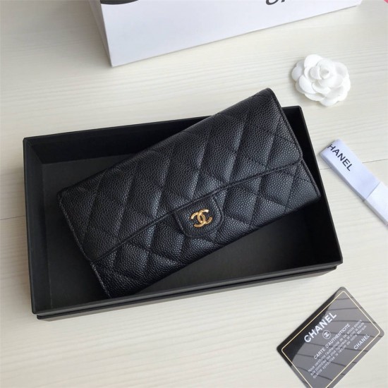 Chanel Classic Wallet Long Curved Cover 19cm Black Gold Hardware Caviar Leather Hass Factory leather 11x19x3cm