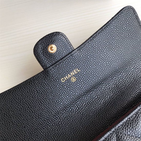 Chanel Classic Wallet Long Curved Cover 19cm Black Gold Hardware Caviar Leather Hass Factory leather 11x19x3cm