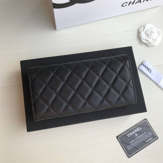 Chanel Classic Wallet Long Curved Cover 19cm Black Silver Hardware Caviar Leather Hass Factory leather 11x19x3cm