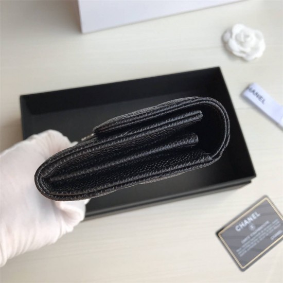 Chanel Classic Wallet Long Curved Cover 19cm Black Silver Hardware Caviar Leather Hass Factory leather 11x19x3cm