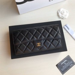 Chanel Classic Wallet Long Curved Cover 19cm Black Gold Hardware Lambskin Hass Factory leather 11x19x3cm