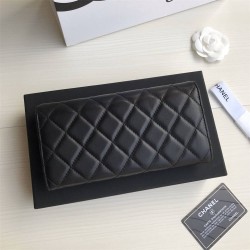 Chanel Classic Wallet Long Curved Cover 19cm Black Silver Hardware Lambskin Hass Factory leather 11x19x3cm