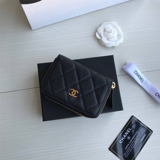 Chanel Classic Wallet Zipper 19cm Black Gold Hardware Caviar Leather Hass Factory leather 11x8x2cm