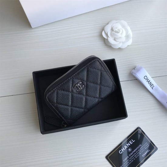 Chanel Classic Wallet Zipper 19cm Black Silver Hardware Caviar Leather Hass Factory leather 11x8x2cm