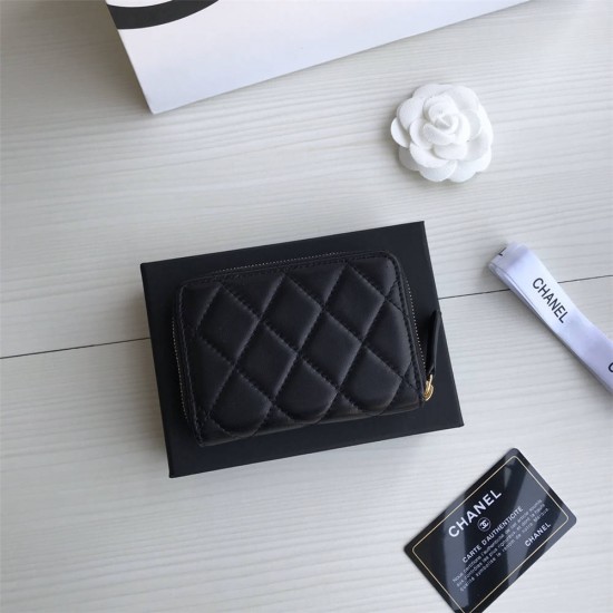 Chanel Classic Wallet Zipper 19cm Black Gold Hardware Lambskin Hass Factory leather 11x8x2cm