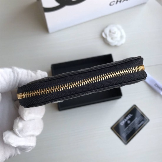 Chanel Classic Wallet Zipper 19cm Black Gold Hardware Lambskin Hass Factory leather 11x8x2cm