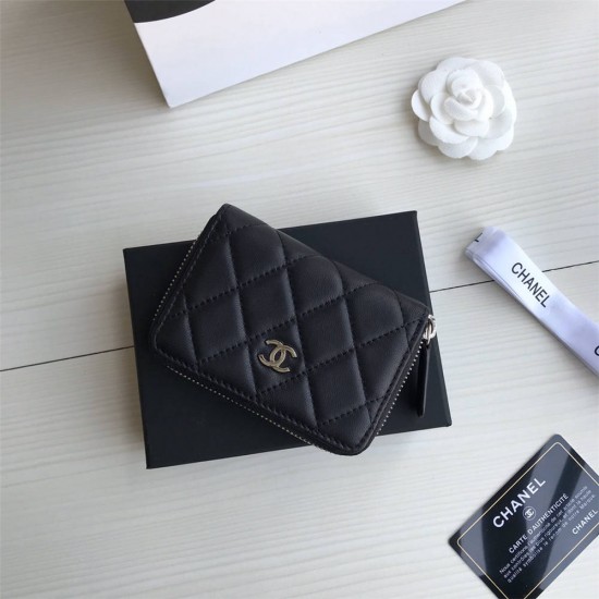 Chanel Classic Wallet Zipper 19cm Black Silver Hardware Lambskin Hass Factory leather 11x8x2cm