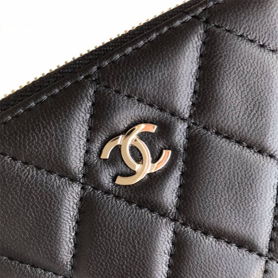 Chanel Classic Wallet Zipper 19cm Black Silver Hardware Lambskin Hass Factory leather 11x8x2cm