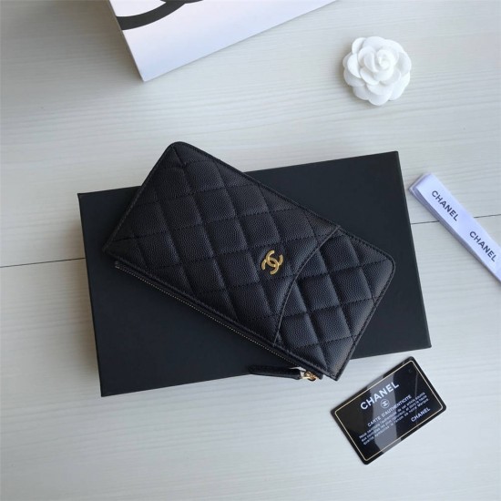 Chanel Classic Wallet Vertical Zipper 19cm Black Gold Hardware Caviar Leather Hass Factory leather 20x10x3cm