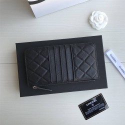 Chanel Classic Wallet Vertical Zipper 19cm Black Silver Hardware Caviar Leather Hass Factory leather 20x10x3cm