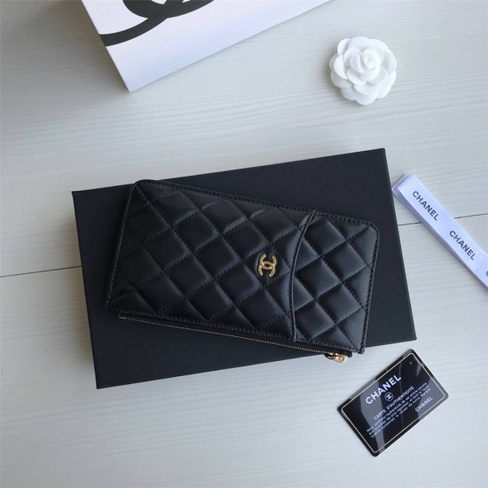 Chanel Classic Wallet Vertical Zipper 19cm Black Gold Hardware Lambskin Hass Factory leather 20x10x3cm