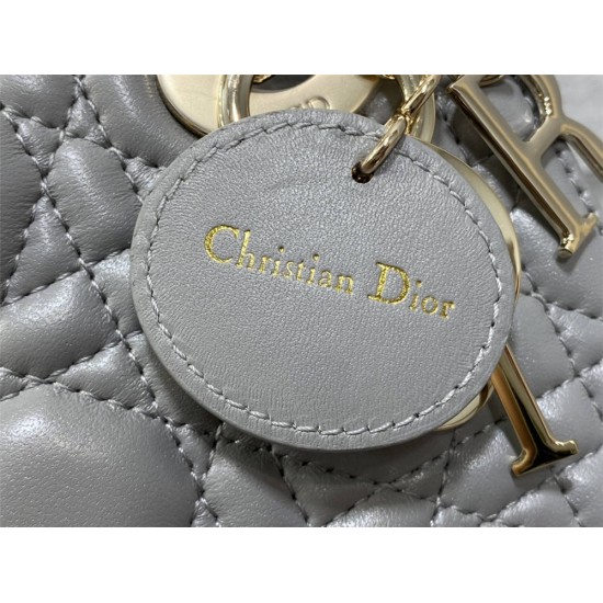 Lady Dior Mini Bag, 17, Grey Lambskin, Champagne Gold Hardware, Size: 17cm