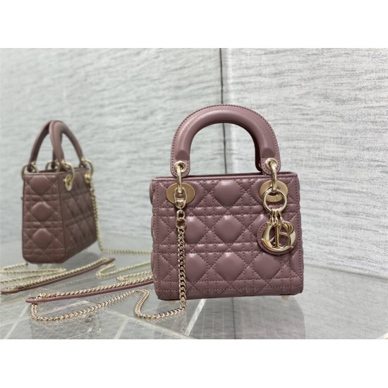 Lady Dior Mini Bag, 17, Deep Pink Lambskin, Champagne Gold Hardware, Size: 17cm