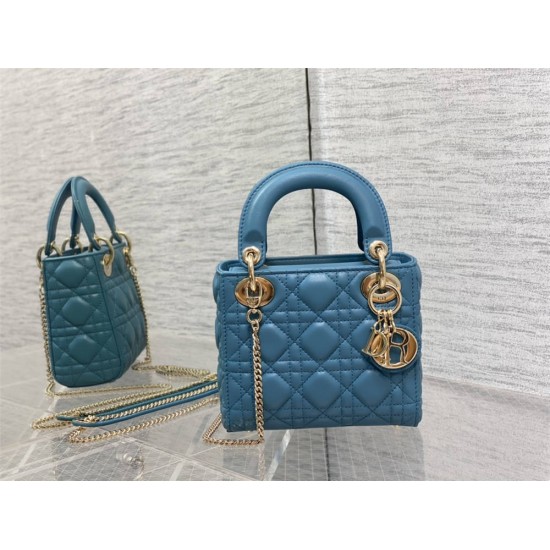 Lady Dior Mini Bag, 17, Blue Lambskin, Champagne Gold Hardware, Size: 17cm