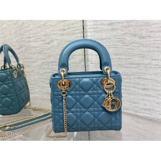 Lady Dior Mini Bag, 17, Blue Lambskin, Champagne Gold Hardware, Size: 17cm