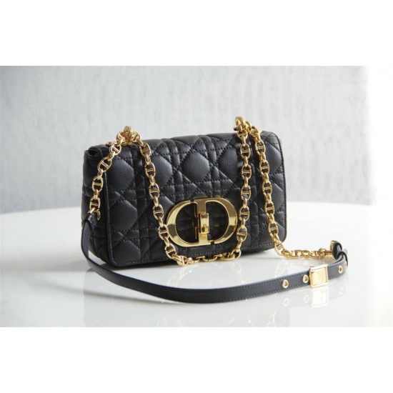 Dior Caro Chain Bag, Black, Gold Hardware, Calfskin, Small 20, Size: 20x12x7cm