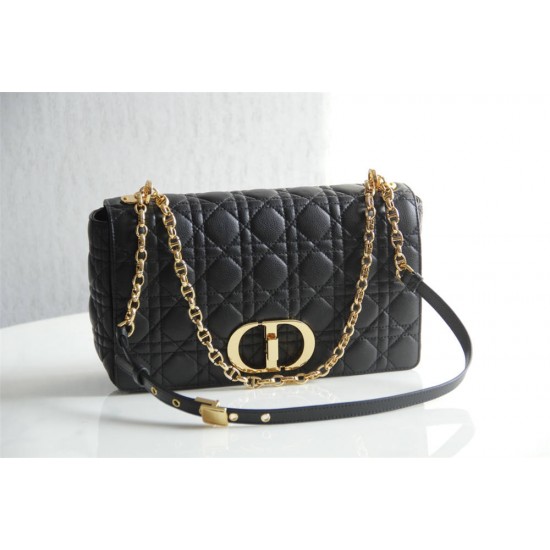 Dior Caro Chain Bag, Black, Gold Hardware, Calfskin, Medium 25, Size: 25.5x15.5x8cm