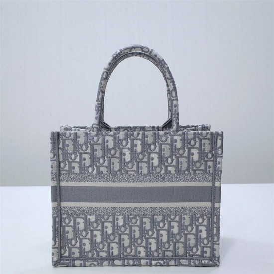 Dior Book Tote, Classic Grey Oblique Embroidery, Small 26, Size: 26.5x21x14cm