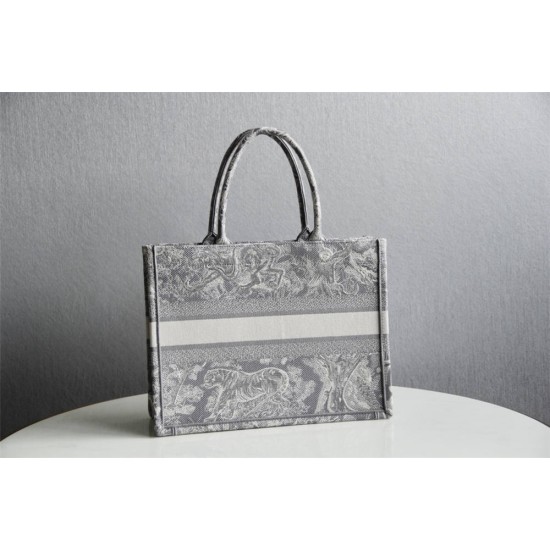 Dior Book Tote, Classic Grey Zoo Oblique Embroidery, Medium 36, Size: 36x27x16cm