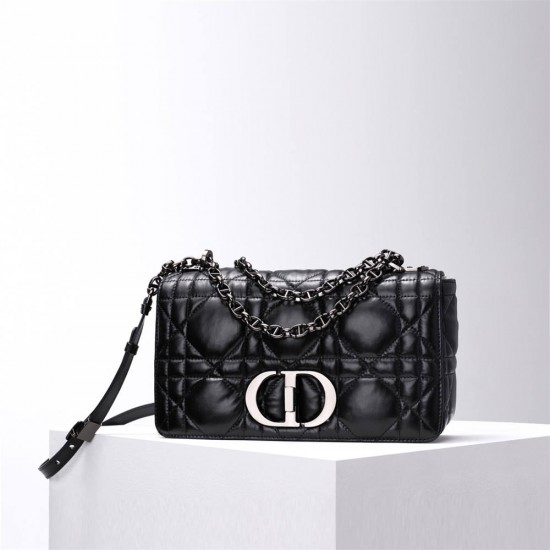 Dior Caro Calfskin, Black, Deep Silver Hardware, Medium (25.5x15.5x8cm)