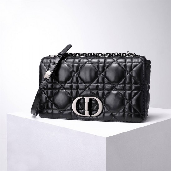 Dior Caro Calfskin, Black, Deep Silver Hardware, Large (28x17x9cm)