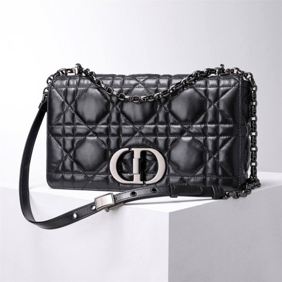 Dior Caro Calfskin, Black, Deep Silver Hardware, Large (28x17x9cm)