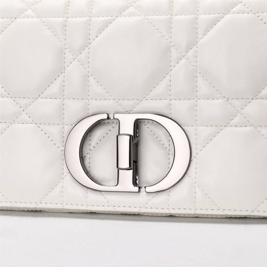 Dior Caro Calfskin, White, Deep Silver Hardware, Small (20x12x7cm)