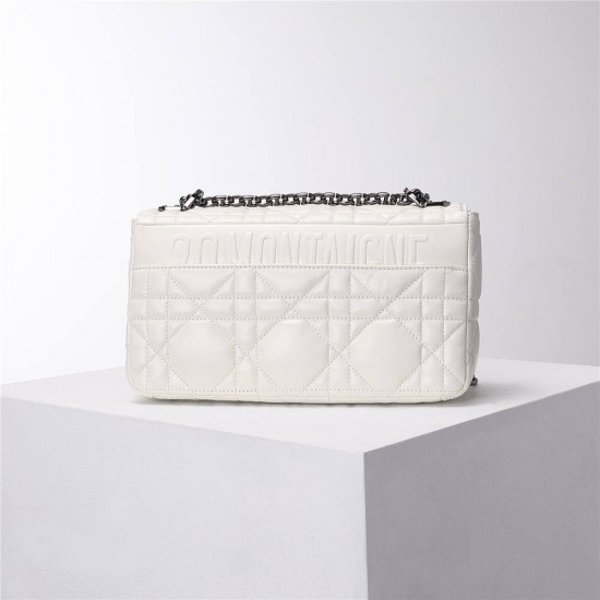 Dior Caro Calfskin, White, Deep Silver Hardware, Medium (25.5x15.5x8cm)