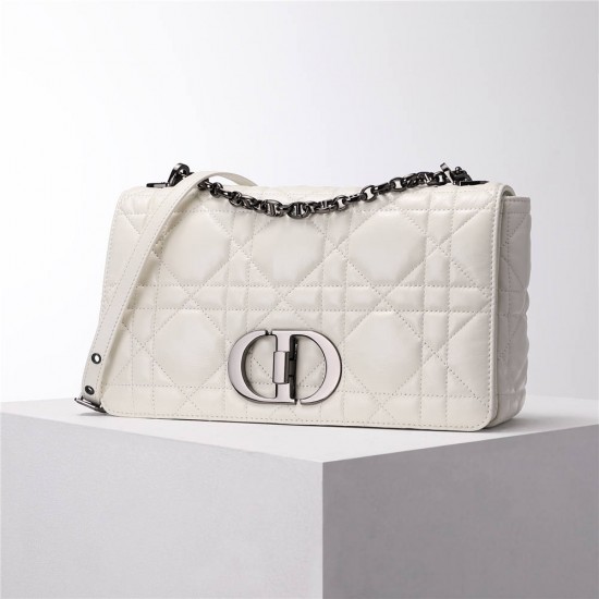 Dior Caro Calfskin, White, Deep Silver Hardware, Large (28x17x9cm)