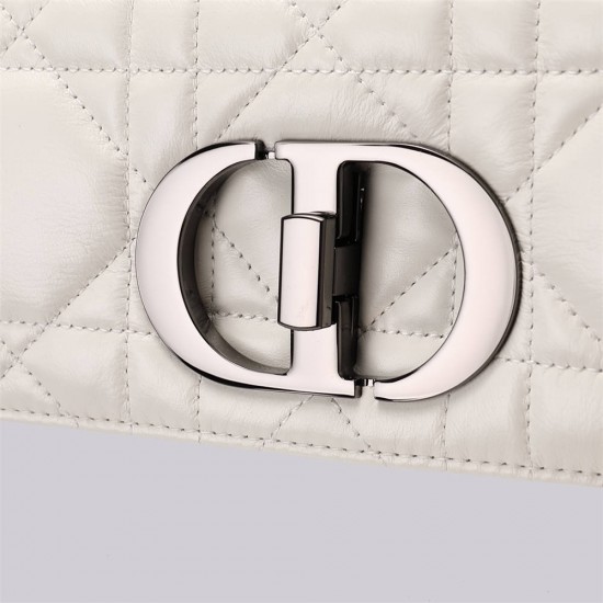 Dior Caro Calfskin, White, Deep Silver Hardware, Large (28x17x9cm)