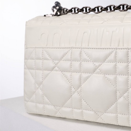 Dior Caro Calfskin, White, Deep Silver Hardware, Large (28x17x9cm)