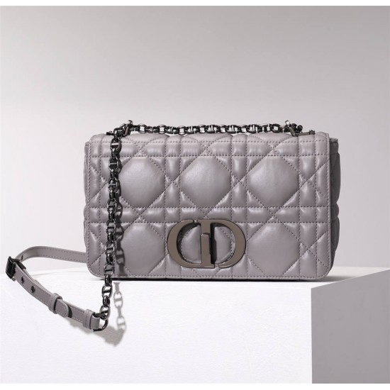 Dior Caro Calfskin, Gray, Deep Silver Hardware, Medium (25.5x15.5x8cm)